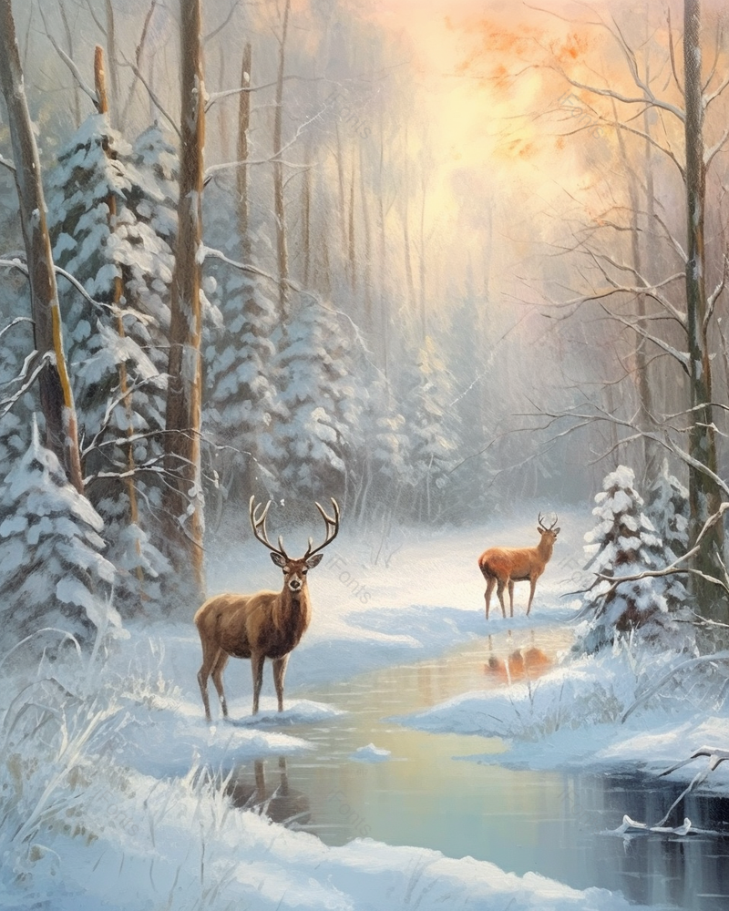 油画冬日森林河边杉树下的雪鹿,插画/手绘图,插画/手绘图库,插画/手绘图下载,插画/手绘